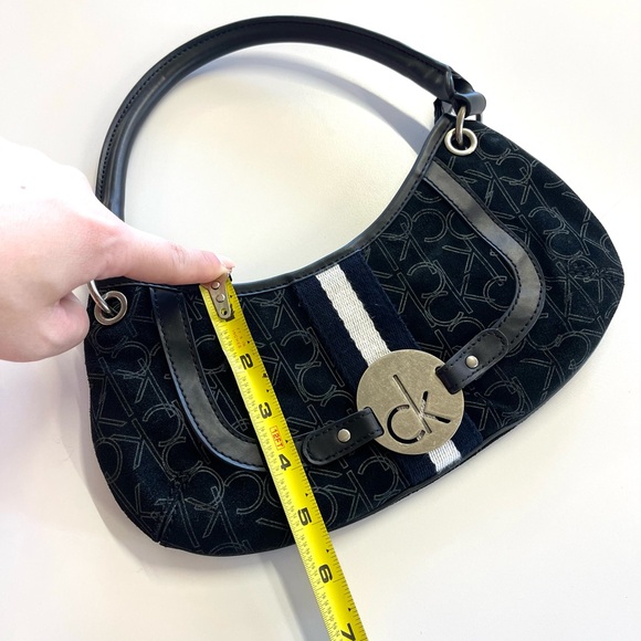 Vintage Y2K Calvin Klein Black Mini Monogram Suede Shoulder Baguette Bag Purse - Picture 7 of 9